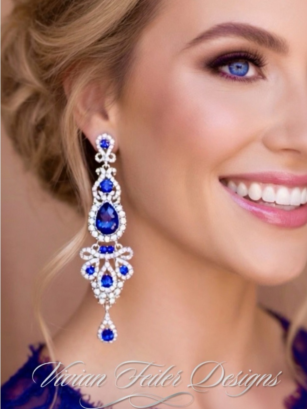 Royal Blue Earrings Long Chandelier Statement Pageant Prom Rhinestones Wedding
